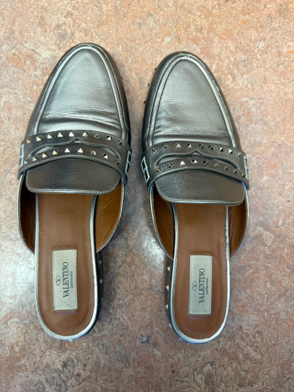 Valentino Metallic Black-Brown Leather Studded Slip-On Mules